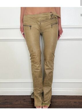 Plein Sud Distressed Tan Leather Pants with Side Buckle